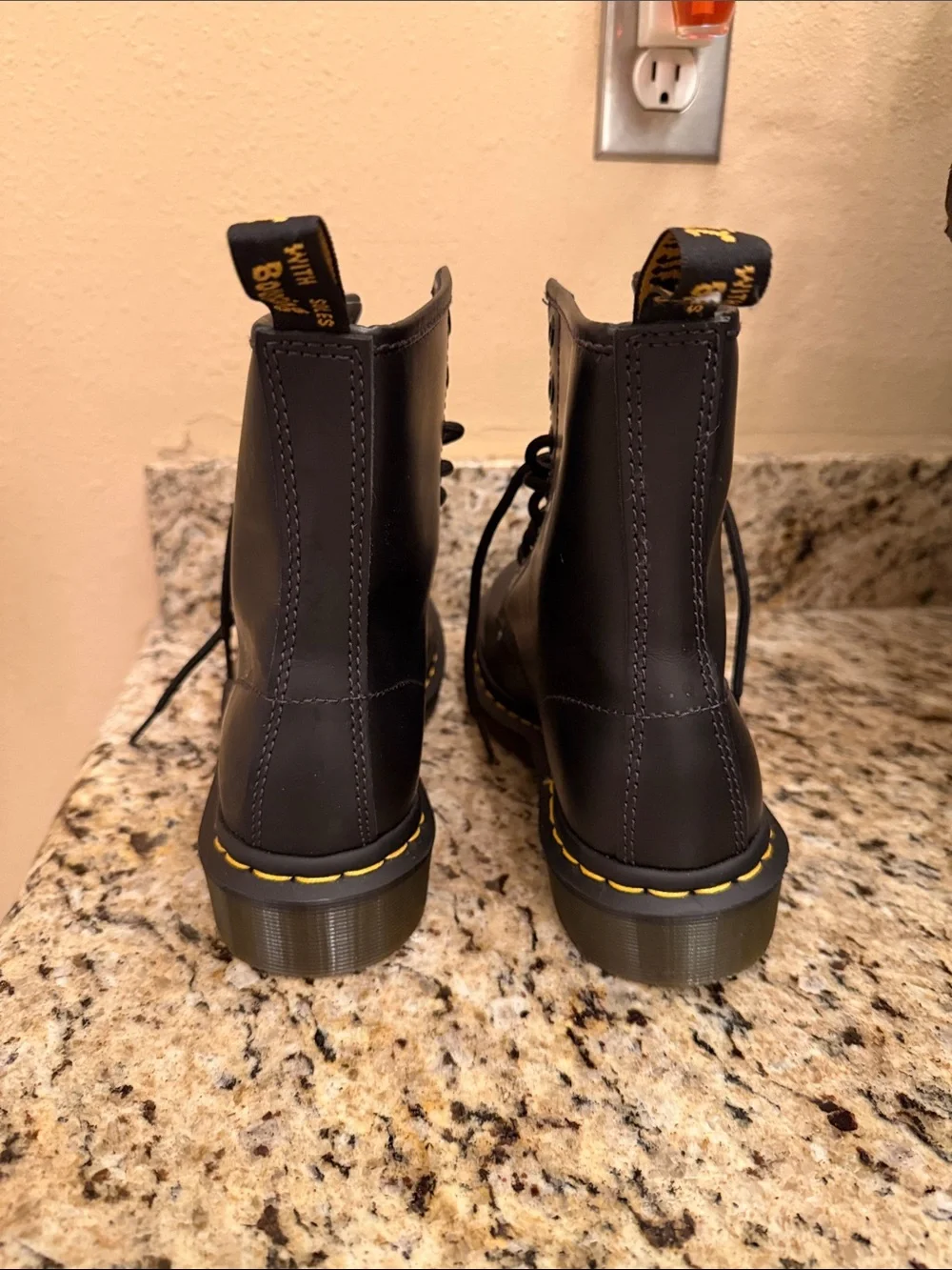 Dr. Martens Black Leather 8-Eye Lace-Up Boots with Yellow Stitching - Picture 2 of 6